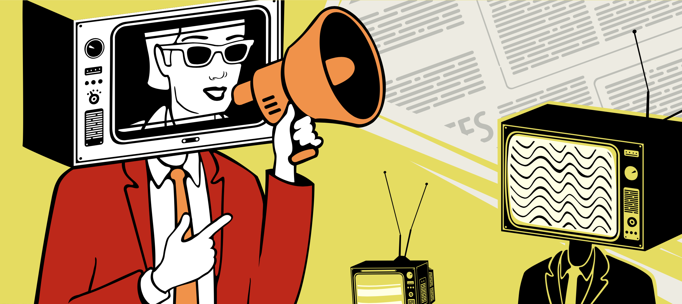illustration of tv news media television talking heads with megaphone@2x